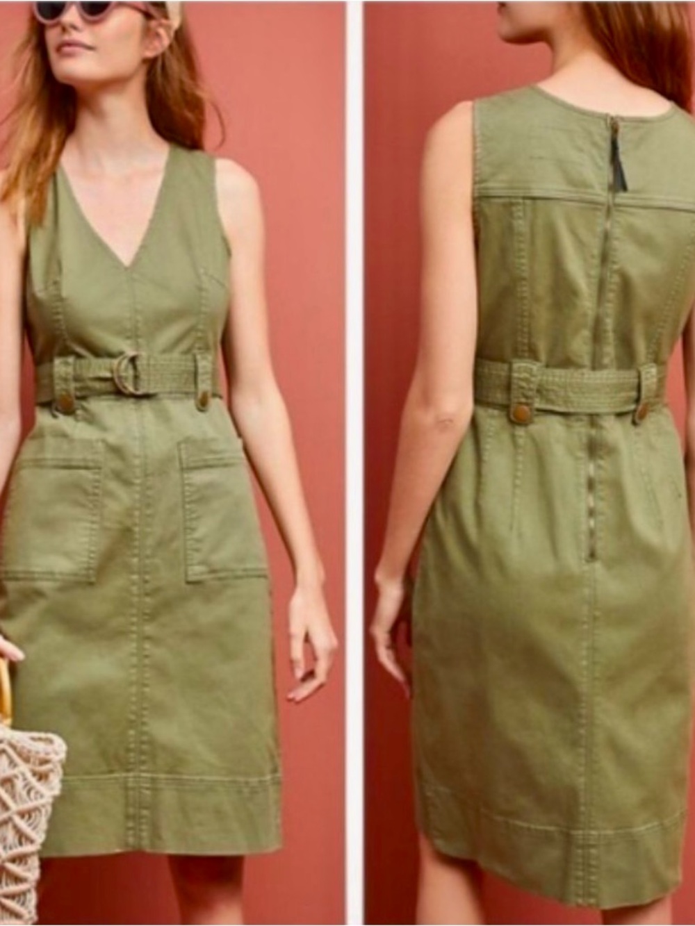 Maeve by Anthropologie Olive V-Neck Utility-Style Dress with Self-Tie Belt Sz 14